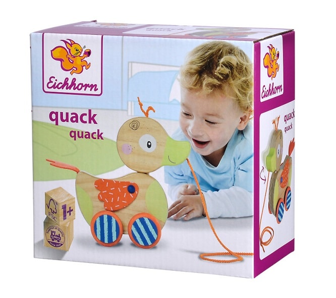 Jonotoys Eichhorn kwak houten trek eend aan koord met beweegbaar hoofd.
