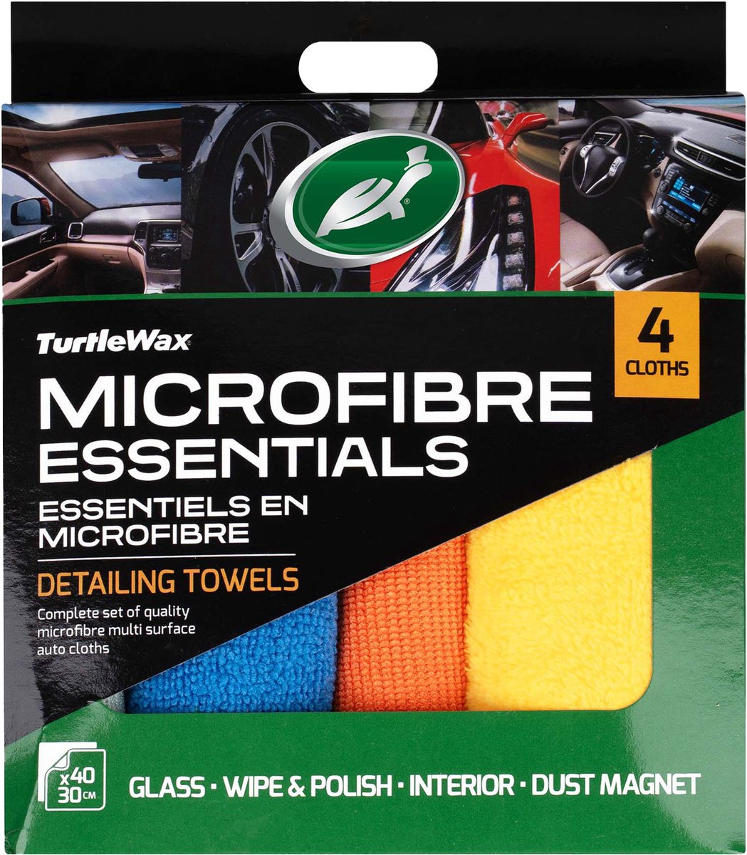 Turtle Wax microvezel essentials kit - 4 verschillende microvezeldoeken - elk doek een specifieke detailingtaak - glasreiniging, polijsten buffen, interieurreiniging - 40x30cm
