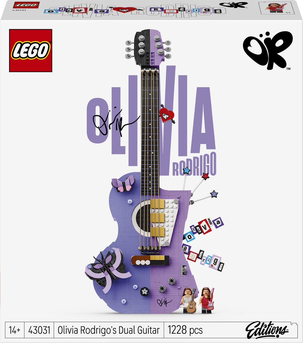 LEGO editions olivia rodrigo's dubbele gitaar bouwpakket voor kinderen en tienerkamer decoratie - 43031