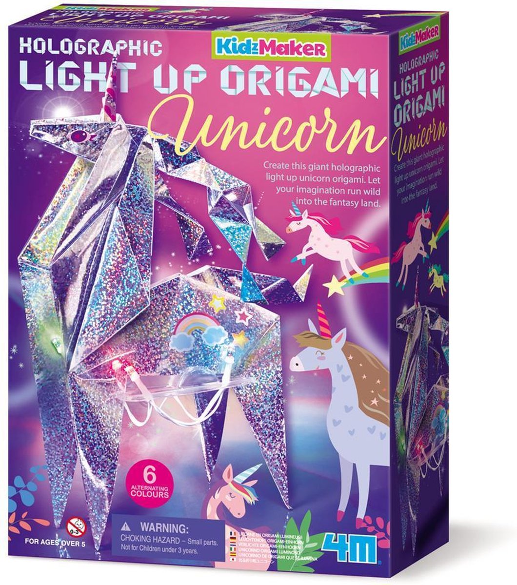 4M kidzmaker: origami eenhoorn licht 30cm, gedetailleerde instructies inbegrepen, werkt op 2x1.5v aa batterijen (niet inbegrepen), doos 18x25x6.5cm, 5+