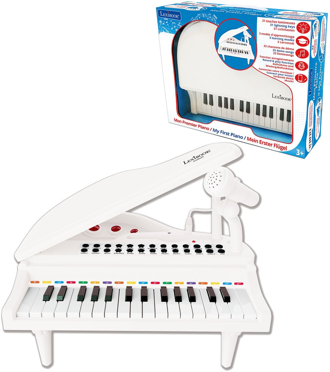 Lexibook Mini elektronische vleugelpiano met poten, microfoon, 31 verlichte toetsen om muziek te leren en line-in kabel