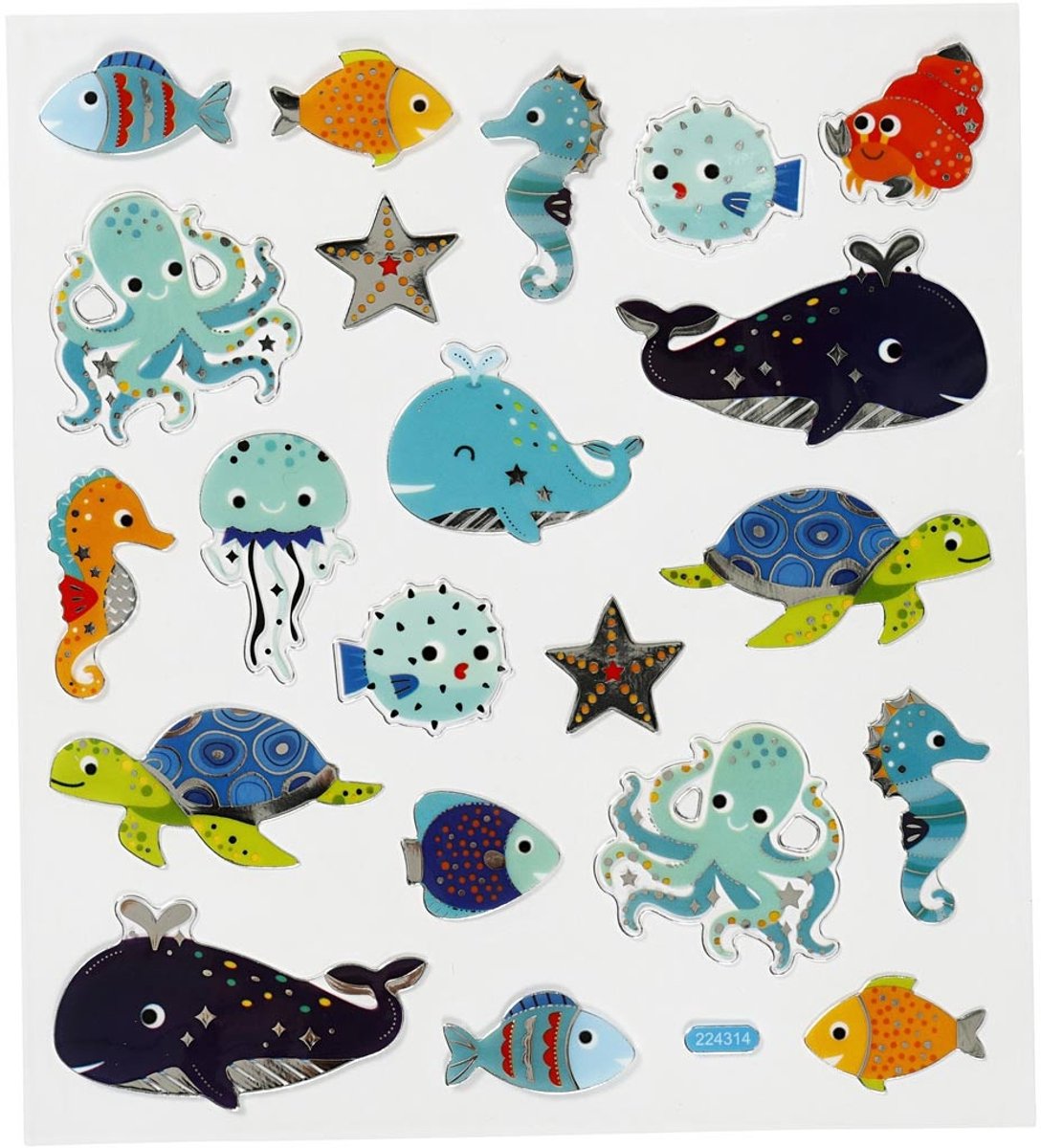 Creativ Company Stickers zeedieren - kinder stickers - diy creatieve plakstickers - zelfklevende stickervellen met zeedieren thema - knutselstickers hobbydecoratie - 15x16,5 cm