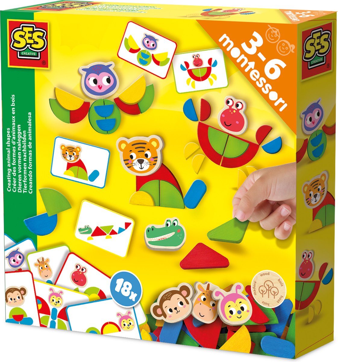 SES Creative 14063 montessori speelgoed - dieren vormen naleggen - opdrachtenkaarten en houten onderdelen om figuren na te leggen - stapelen en vormen maken