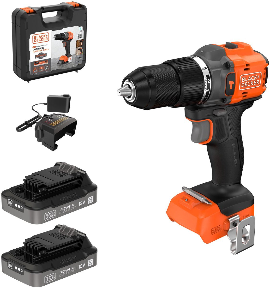 BLACK+DECKER 18v brushless schroefklopboormachine in koffer (met 2x2.5ah accu en lader) - bld783e2k-qw