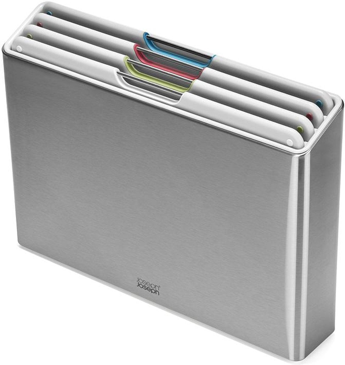 Joseph Joseph folio™ steel set van 4 kleur-gecodeerde snijplanken in rvs houder (light stone)