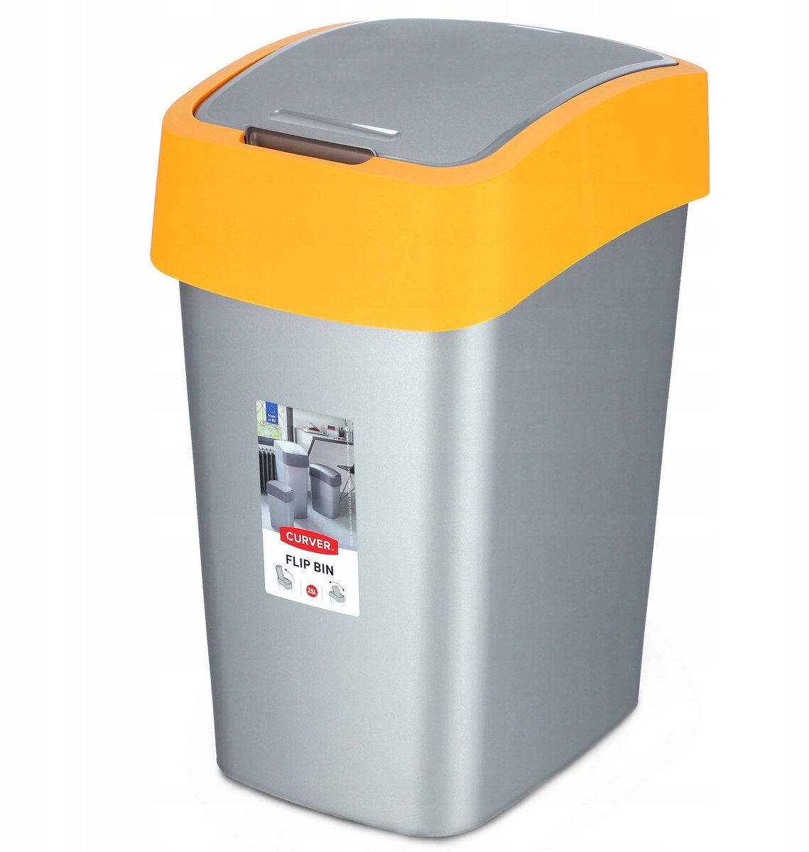 Curver Cuver - prullenbak afvalbak met deksel - grijs met oranje frame - 25l, flip bin