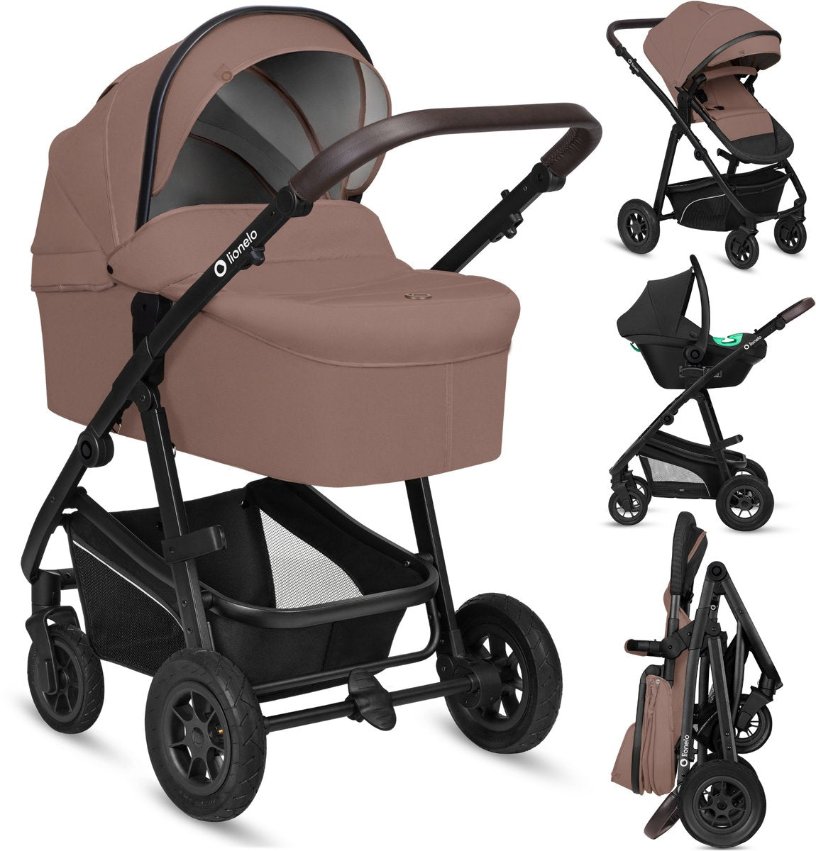 Lionelo bianka kinderwagen 3 in 1 - reiswieg + wandelwagen + autostoel - grote luchtbanden, volledige vering - inklapbaar - verstelbare duwstang - buggy omkeerbare zitting - 0-22kg - accessoireset - beige bruin