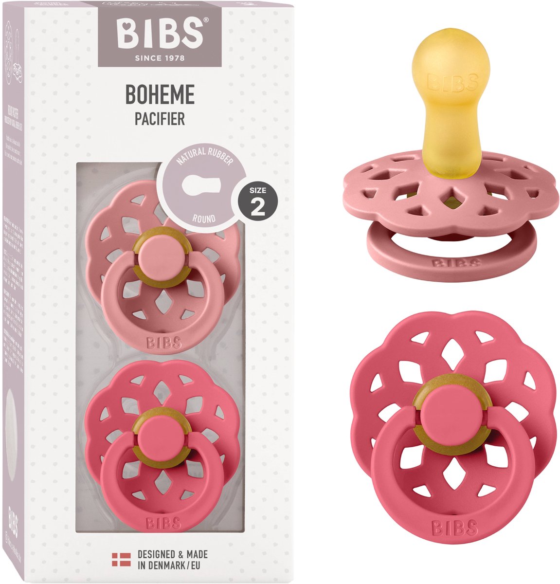 BIBS boheme speen verpakking van 2 stuks. bpa-vrij, ronde speen. natuurlijk rubberlatex, gemaakt in denemarken, maat 2 (6-18 maanden), dusty pink coral