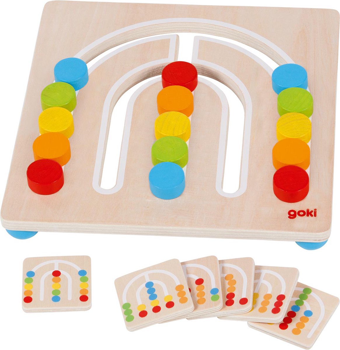 Goki Kleurenrangschikspel regenboog 21x21x3,8cm, met 6 voorbeeldplaatjes, hout, 4+