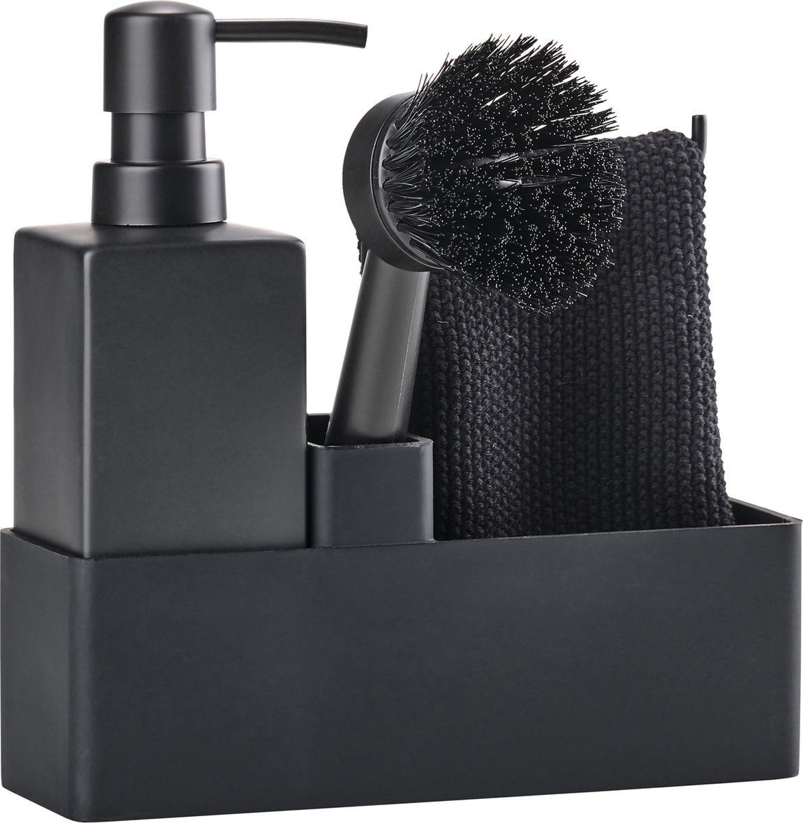 Zone Denmark afwasset 19 x 6 x 20,5 cm met vaatdoekje, keramieke zeepdispenser, afwasborstel en keukenorganizer- 4 stuks black - afwas set