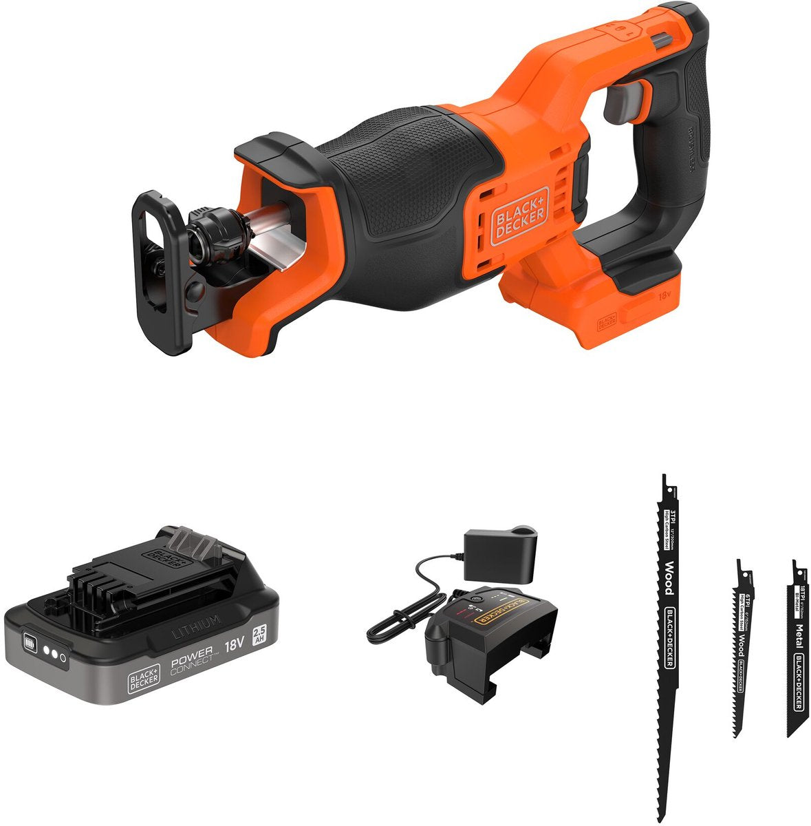 BLACK+DECKER 18v brushless reciprozaag met 3 accessoires (met 2x 2.5ah accu en lader) - blcr78e1-qw