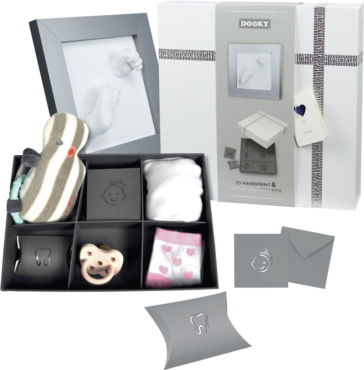 Dooky® Dooky 3d baby hand- en voetafdruk lijst met memory box – foto en gips afdrukken – huidvriendelijk eenvoudig te maken – kraam- of cadeau geschenk