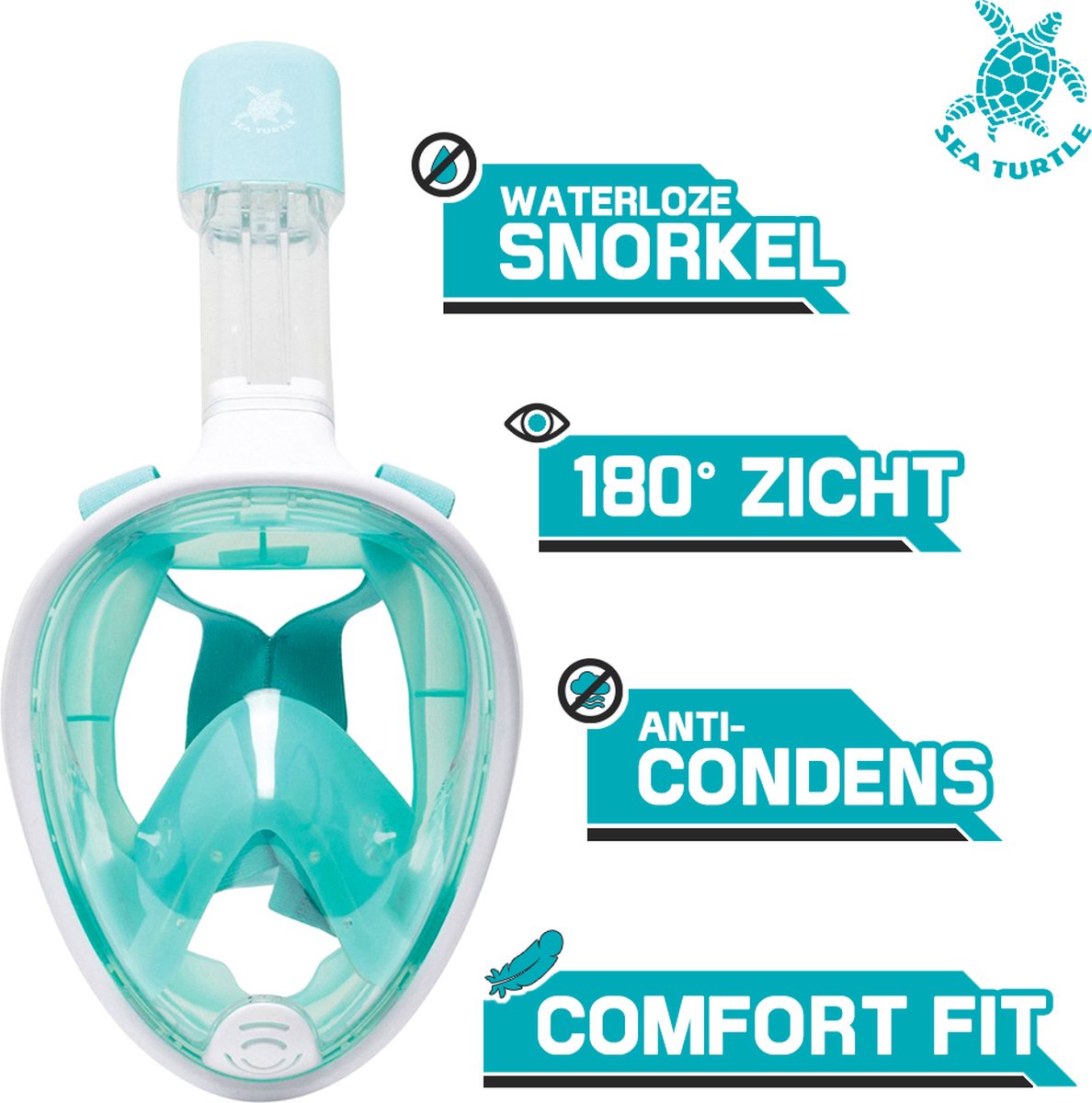 Sea Turtle snorkelmasker - snorkel - duikbril - snorkelset - full face masker - volwassenen - wit turquoise - s m