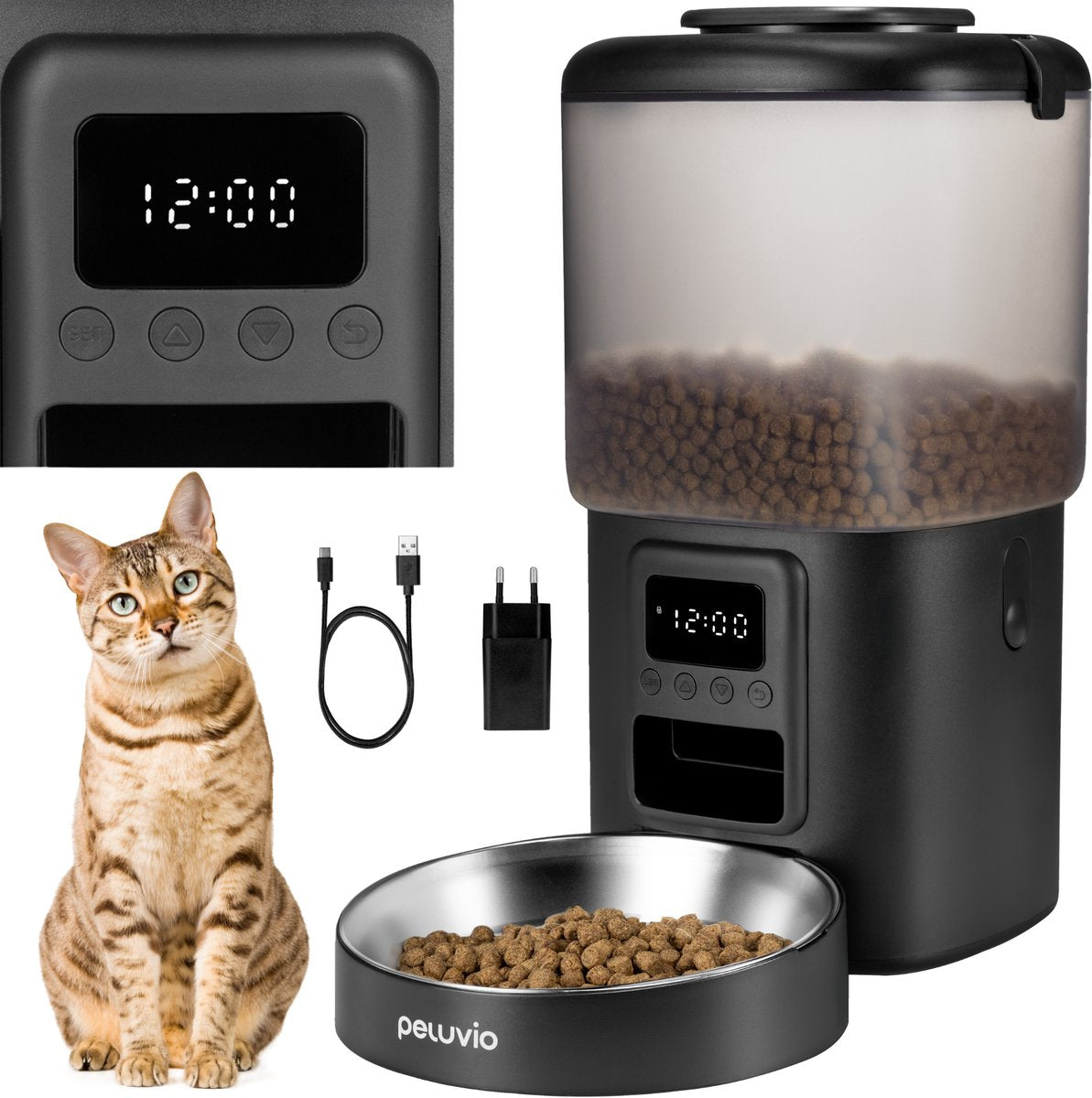 PELUVIO crispy automatische voerbak kat - automatische kattenvoerautomaat – 4,5l droogvoer – timer tot 4 maaltijden – lcd-scherm – rvs voerbak – noodstroom op batterijen – zonder app