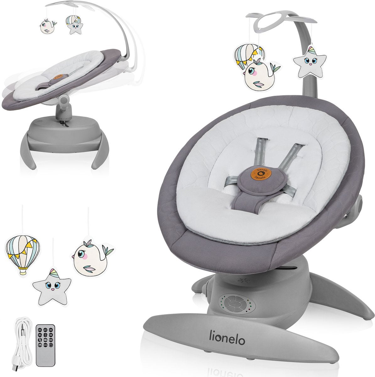 Lionelo mell wipstoel – afstandsbediening bluetooth – elektrische babyschommel – 360° draaibaar – 5 snelheden – 3 rugstanden – bewegingssensor – timer – 14 melodieën – speelboog – bamboekussen – wasbare bekleding – baby schommelstoel
