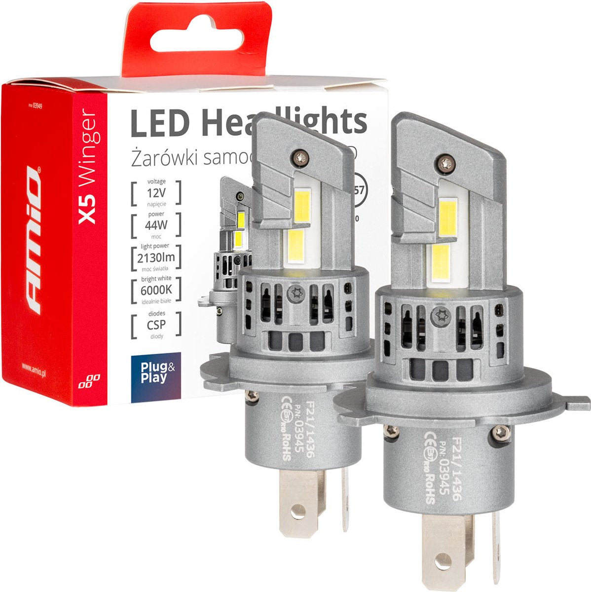 AMIO led koplampen x5-serie winger h4 6000k max. 44w dimlichten wit