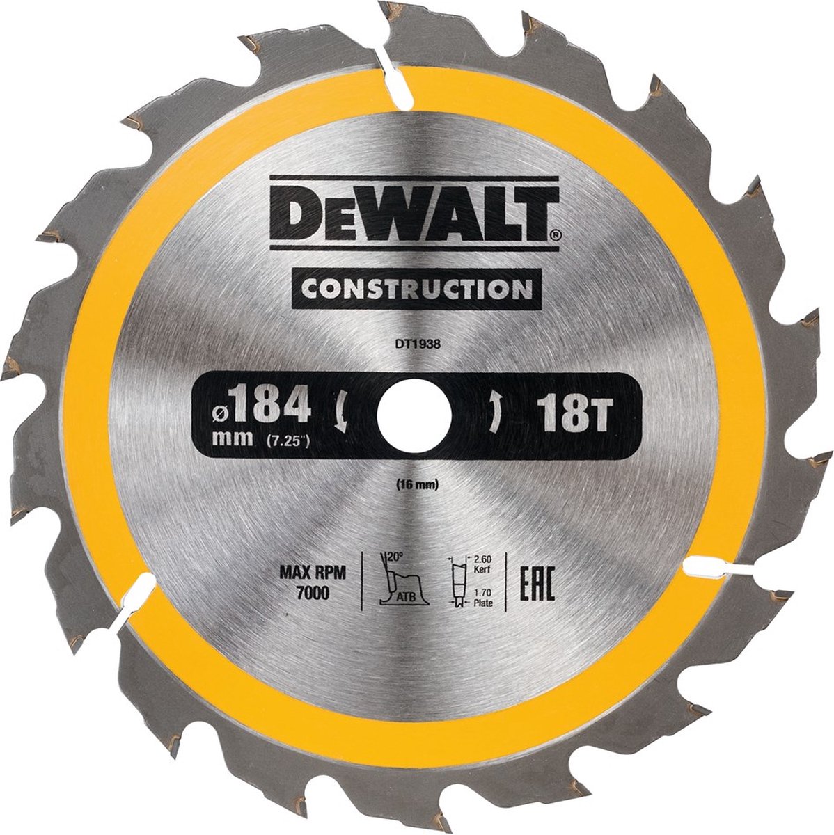 DeWalt cirkelzaagblad voor hout | construction | ø 184mm asgat 16mm 18t - dt1938-qz
