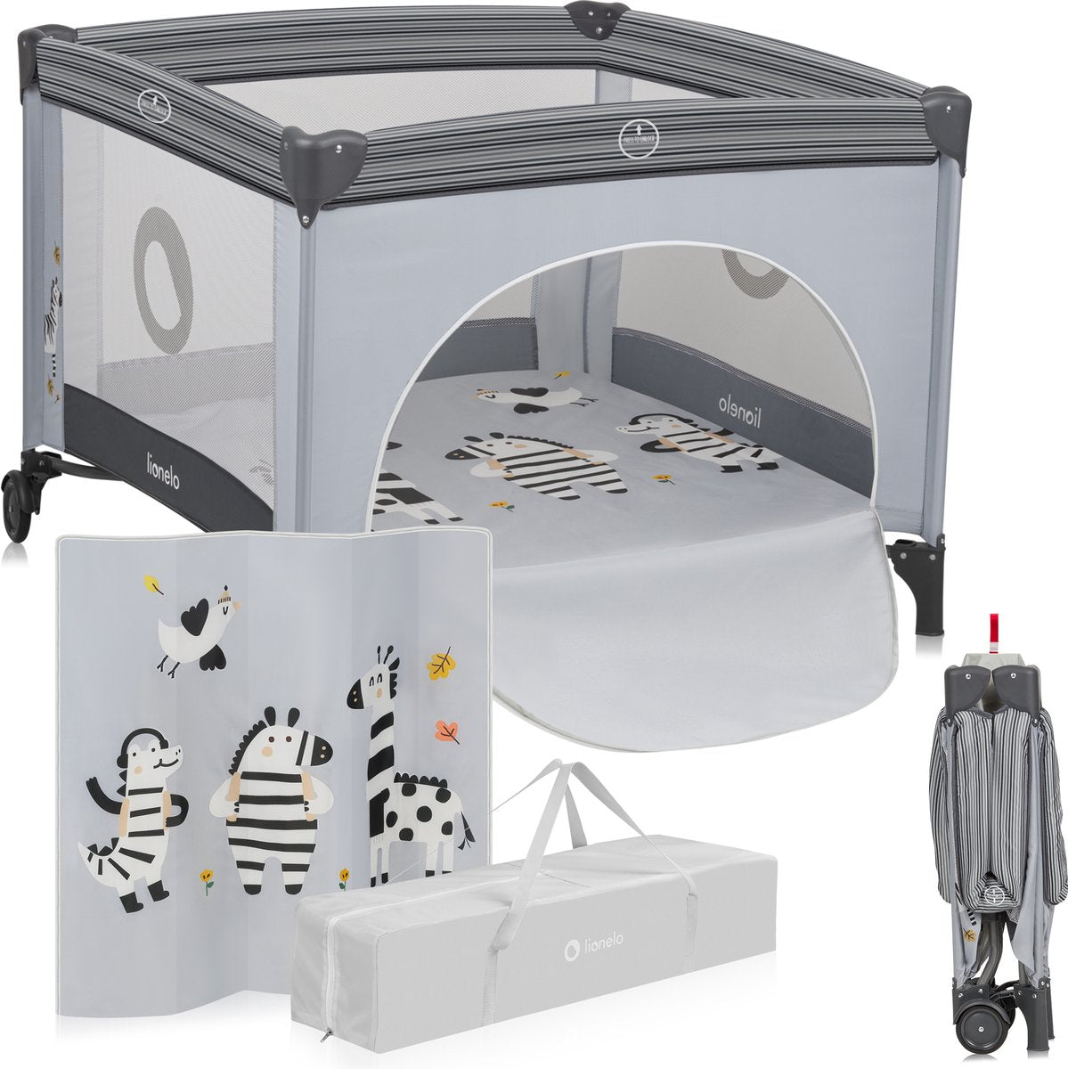 Lionelo bonnie kinderbox - kinderbed - tot 15 kg -zijwanden van luchtige gaas - ruime speelruimte - systeem voor snel in- en opvouwen - meegeleverde draagtas