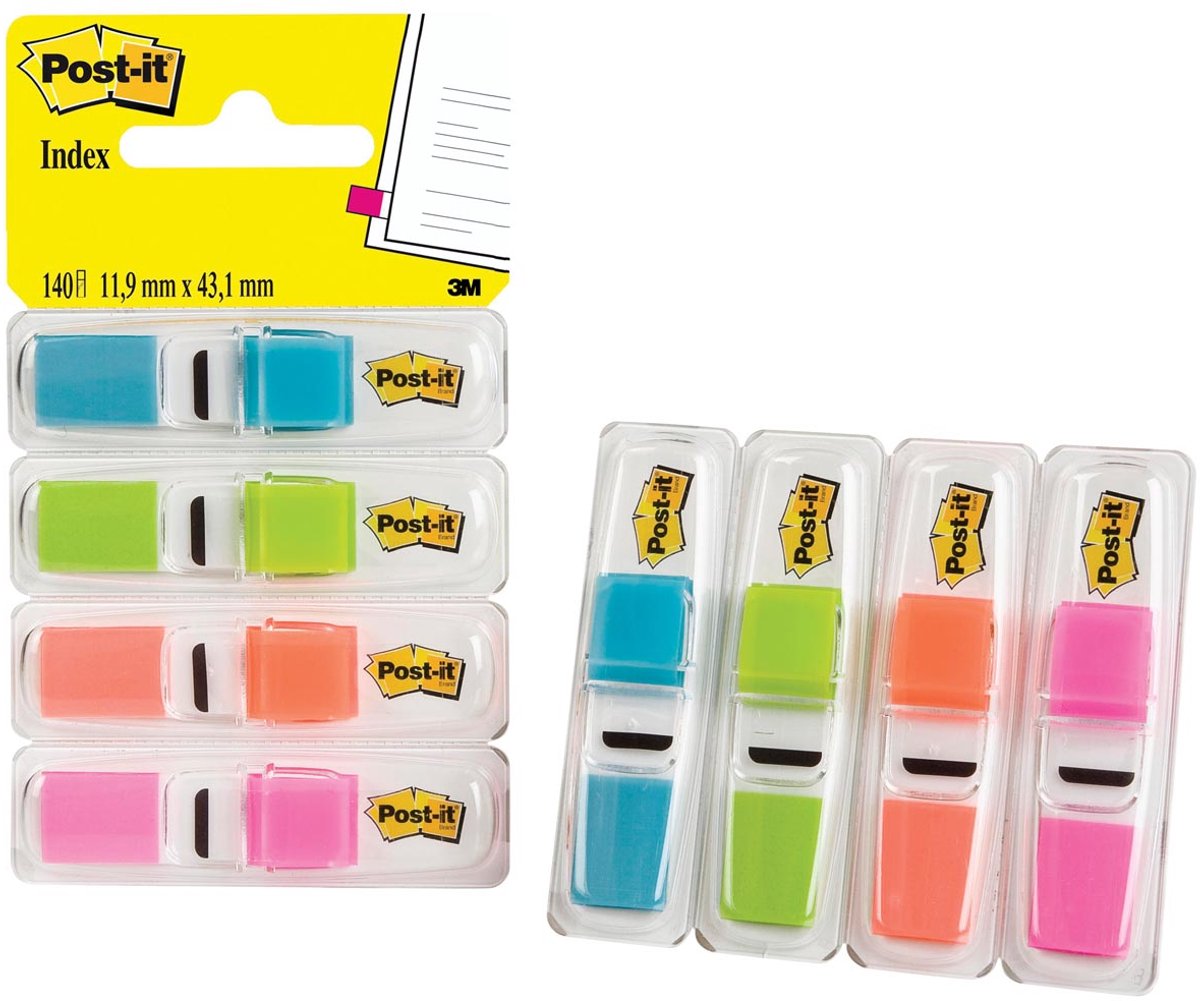 Post-it® index smal, standaard dispenser - helder blauw, helder groen, oranje, helder roze