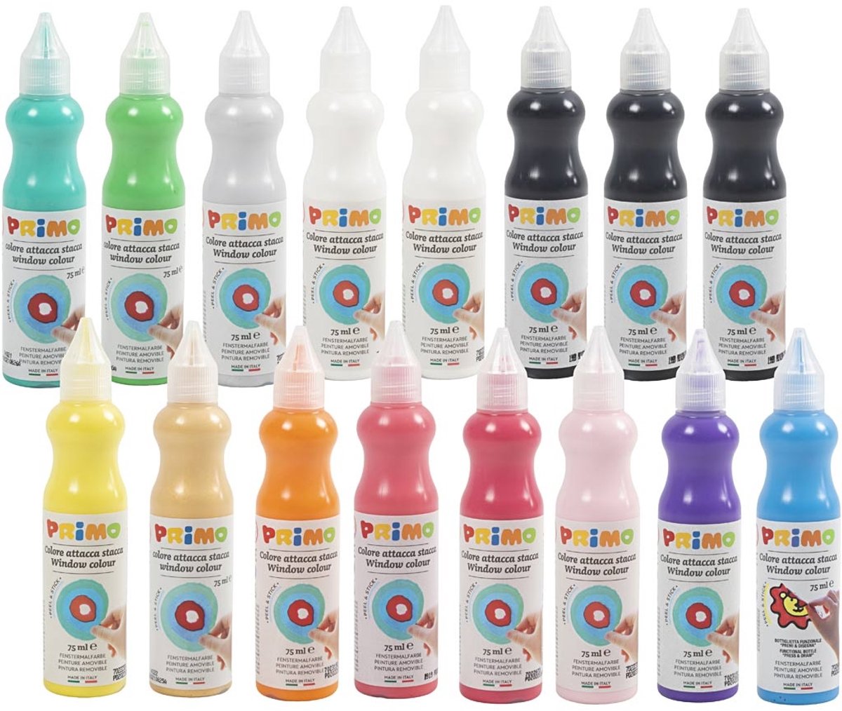 PRIMO Raamverf - verf voor ramen - raamdecoratie - verf op waterbasis - kinderen verf -verschillende kleuren - creatieve verf - 16 verf tubes - 75ml per tube