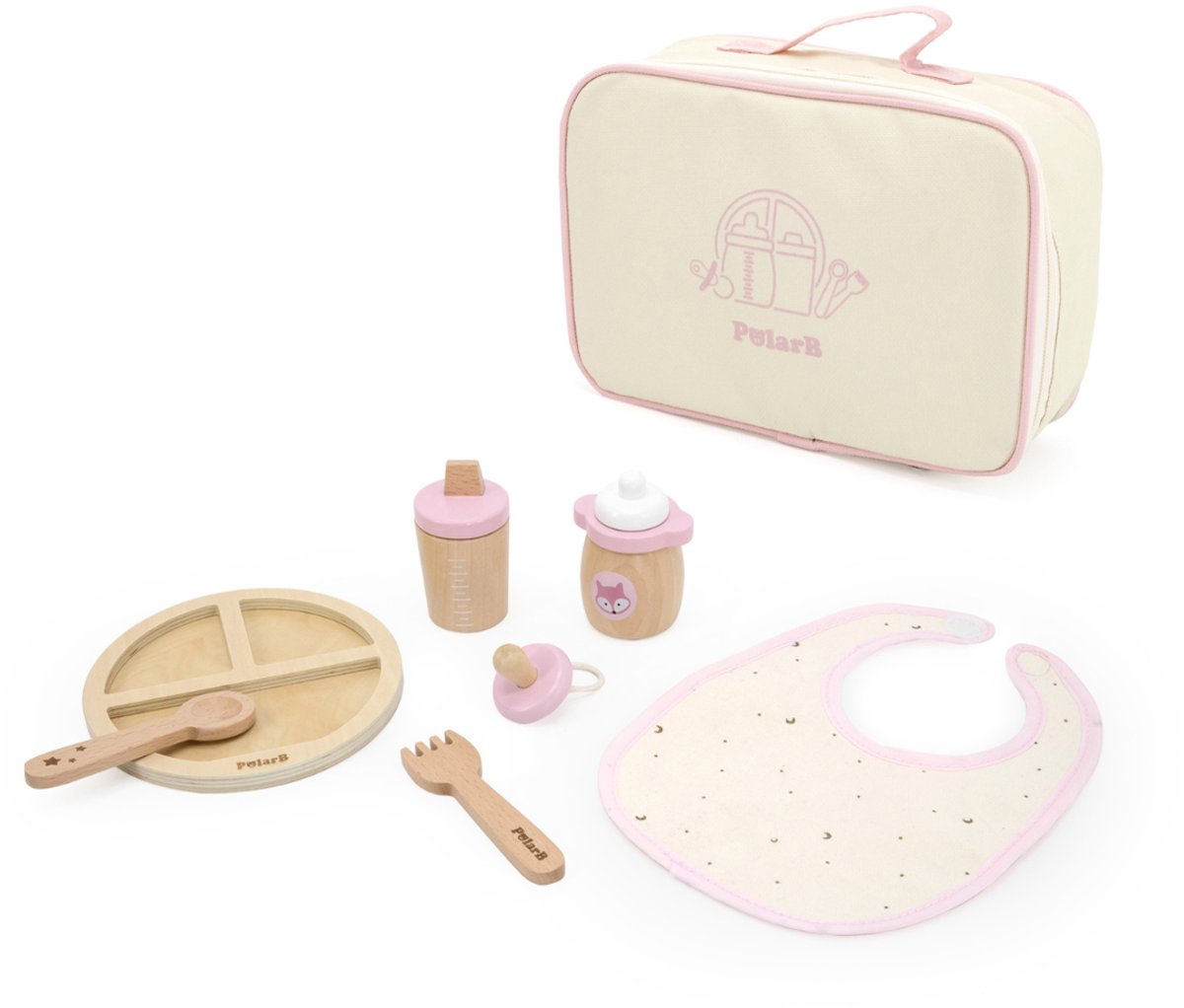 PolarB houten poppenverzorgingsset - poppen accessoires met verzorgingstas - rollenspel speelgoed