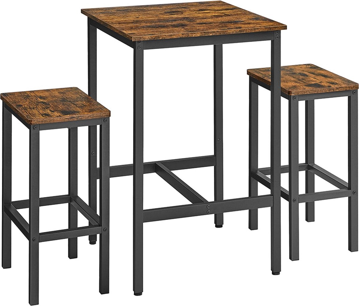 Vasagle Bartafel met barkrukken set, eettafel met 2 stoelen, kleine keukentafel 60 x 60 x 90 cm, barkrukken 30 x 40 x 65 cm, voor eetkamer, keuken, industrieel design, vintage bruin-zwart