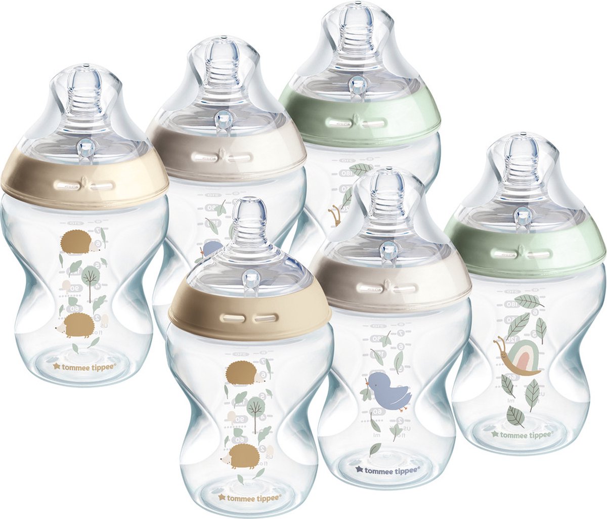 Tommee Tippee natural start babyflessen, set van 6 x 260ml baby flessen - lage toevoersnelheid 0m+ - gedecoreerd