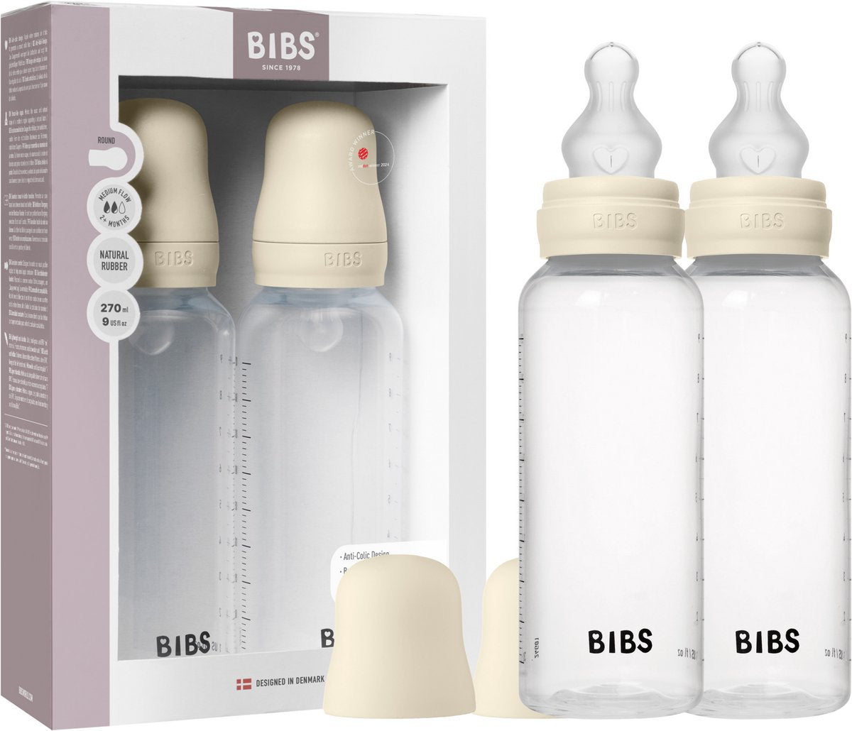 BIBS babyfles 270 ml siliconen speen verpakking 2 stuks - anti-koliek, bpa-vrij, ronde speen, gemiddelde stroom, licht gewicht en makkelijk te reinigen, geschikt voor pasgeboren baby's 0+ jaar - ivory
