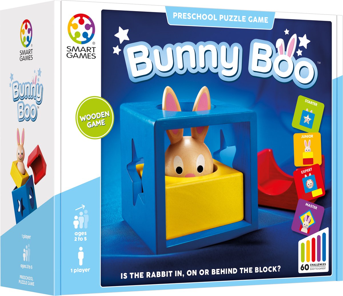 SmartGames bunny boo - logisch denkspel - 60 ruimtelijke uitdagingen met houten konijn - educatief solospel voor peuters kleuters - vanaf 2 jaar