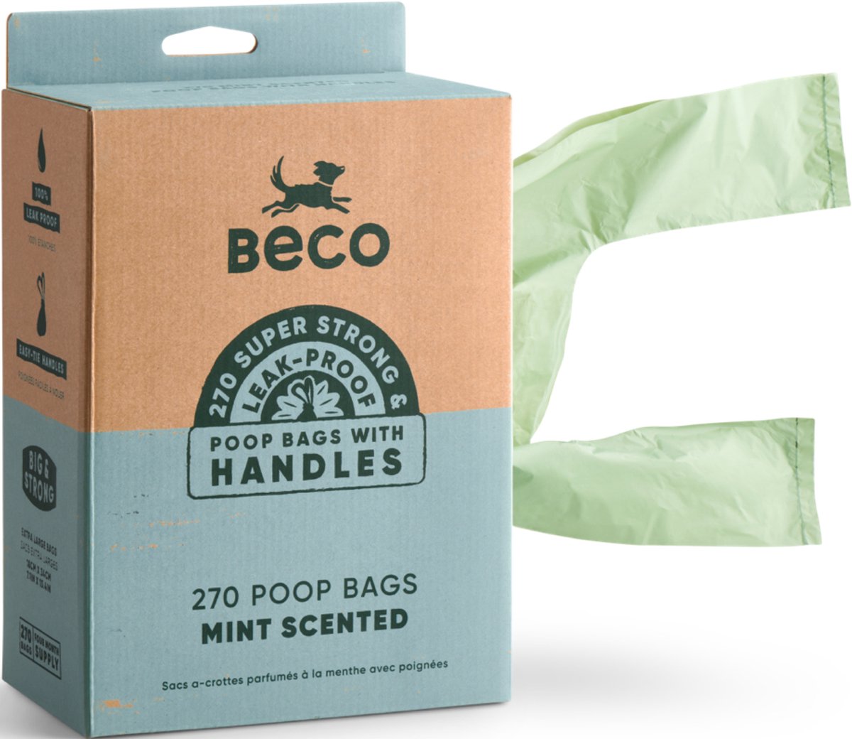 BECO duurzame hondenpoepzakjes gemaakt van gerecycled plastic met mintgeur en handvat - 270 zakjes