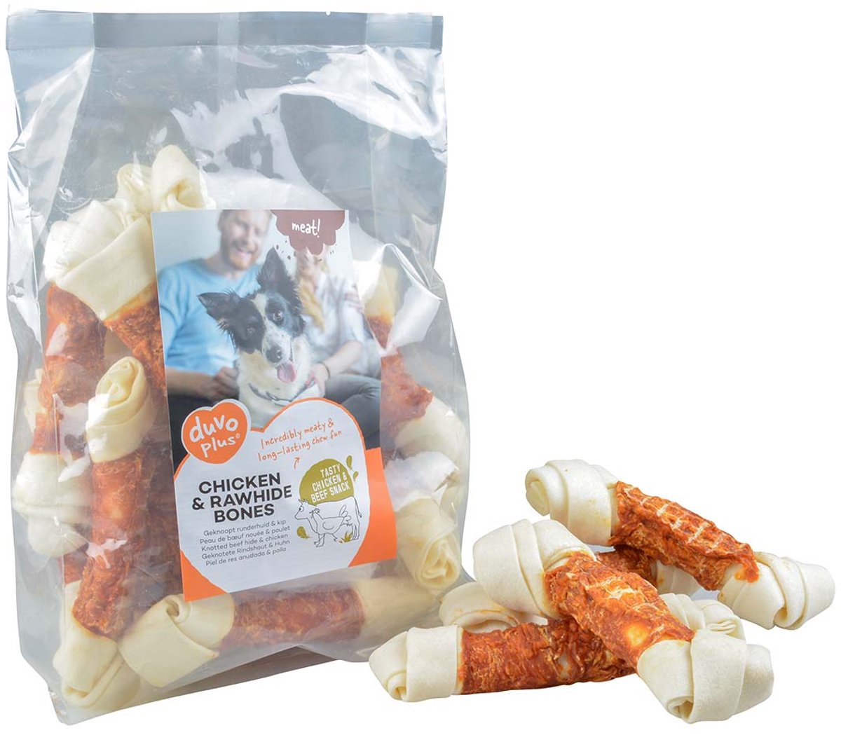 Duvo Plus meat! snack kip runderhuid benen voor honden l-1kg