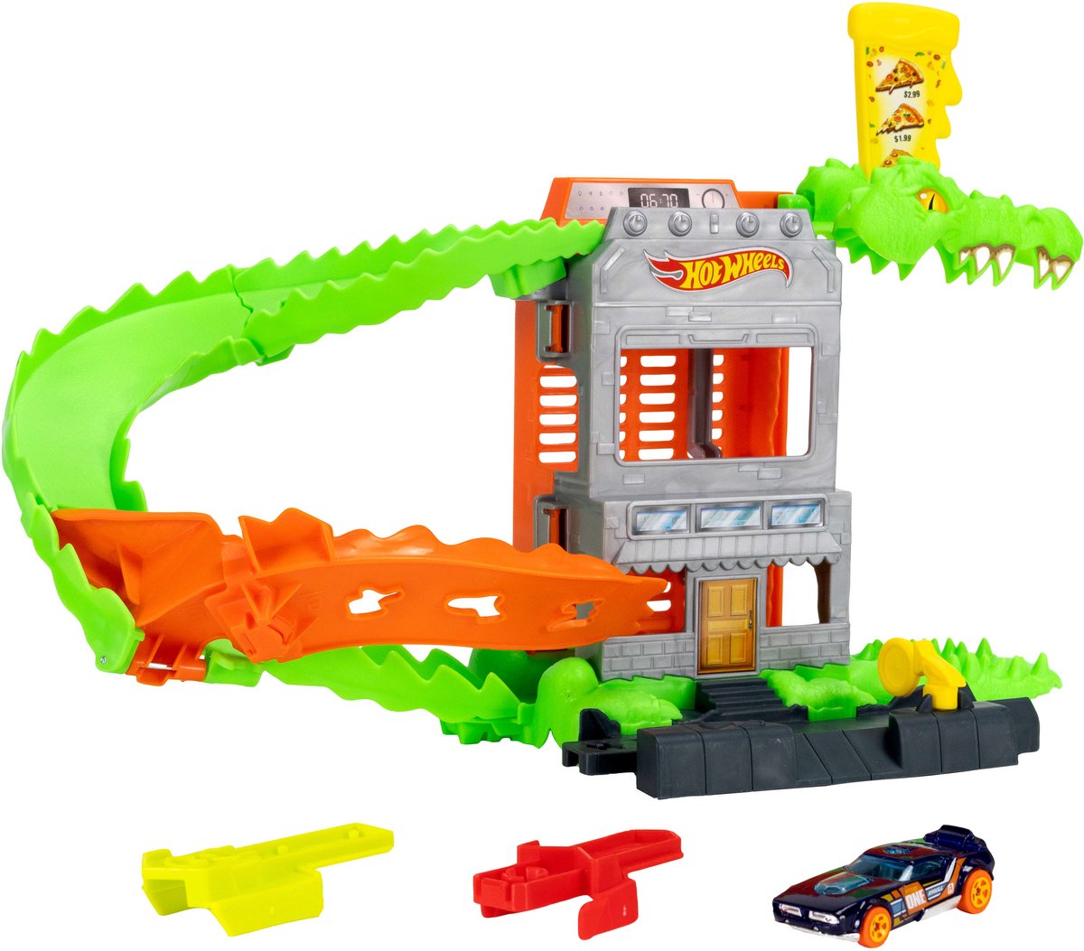 Hot Wheels city krokodillenpizza aanval - speelset en speelgoedauto - geschikt voor het snel-klik-baansysteem