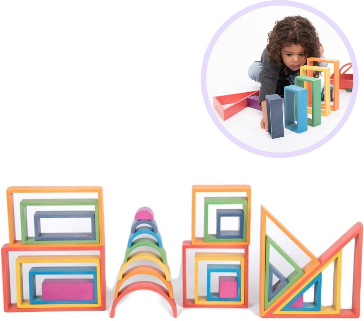 TickIT Regenboog architect speel- en leer set - 28 houten geometrische vormen - educatief en creatief speelgoed