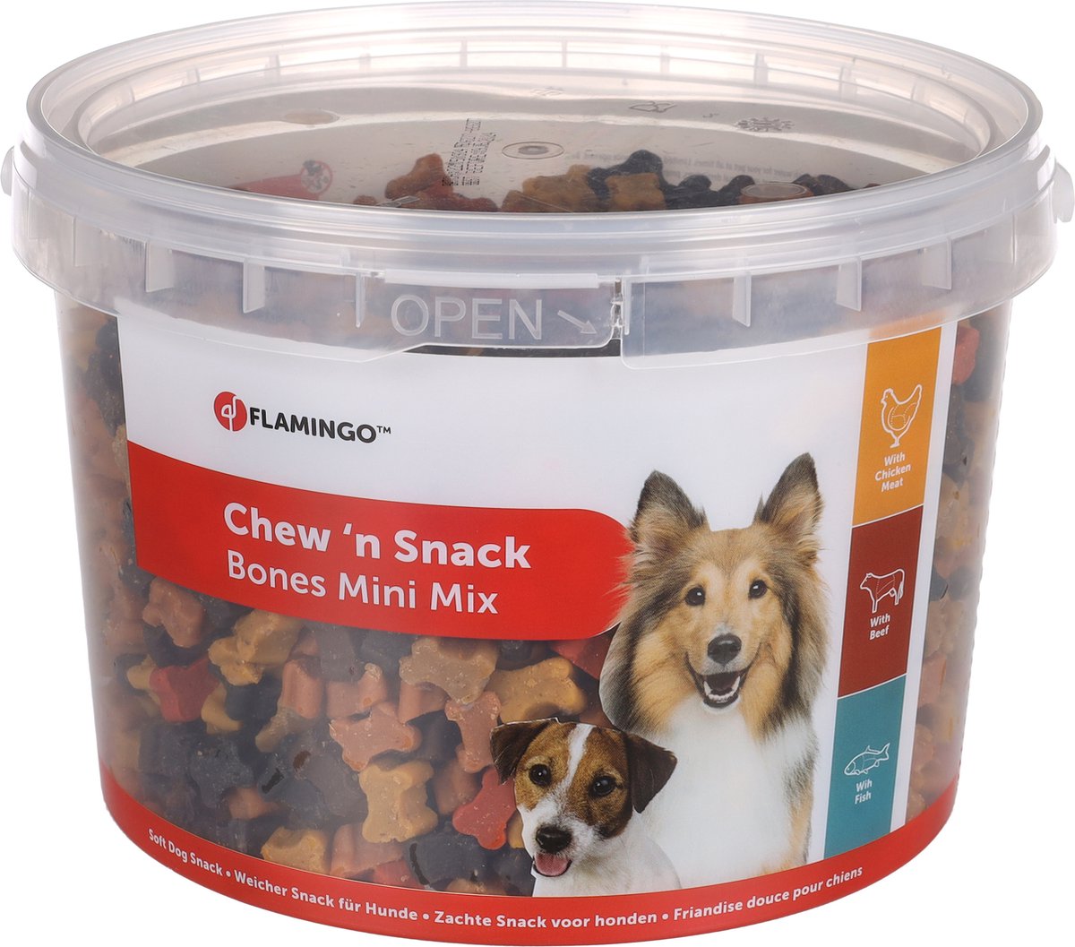 Flamingo Hondensnack – koekjes met kip rund vis – hondensnacks – honden snacks – hondensnoepjes – zonder toegevoegde suikers – 1,8kg bewaaremmer