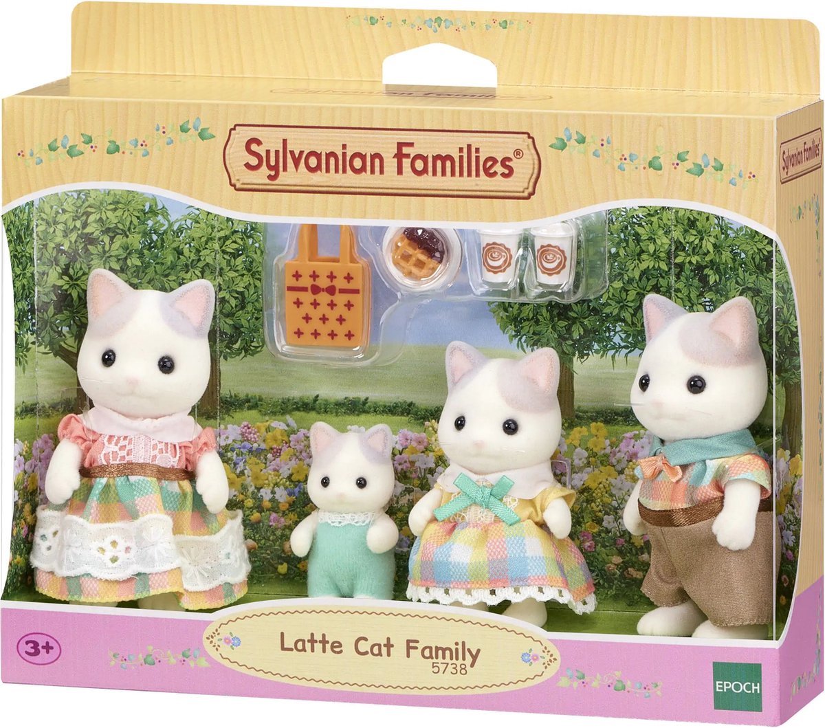 Sylvanian Families 5738 familie latte kat- 4 fluweelzachte speelfiguren-deze figuren kunnen drankjes en een boodschappentas in hun handen houden.