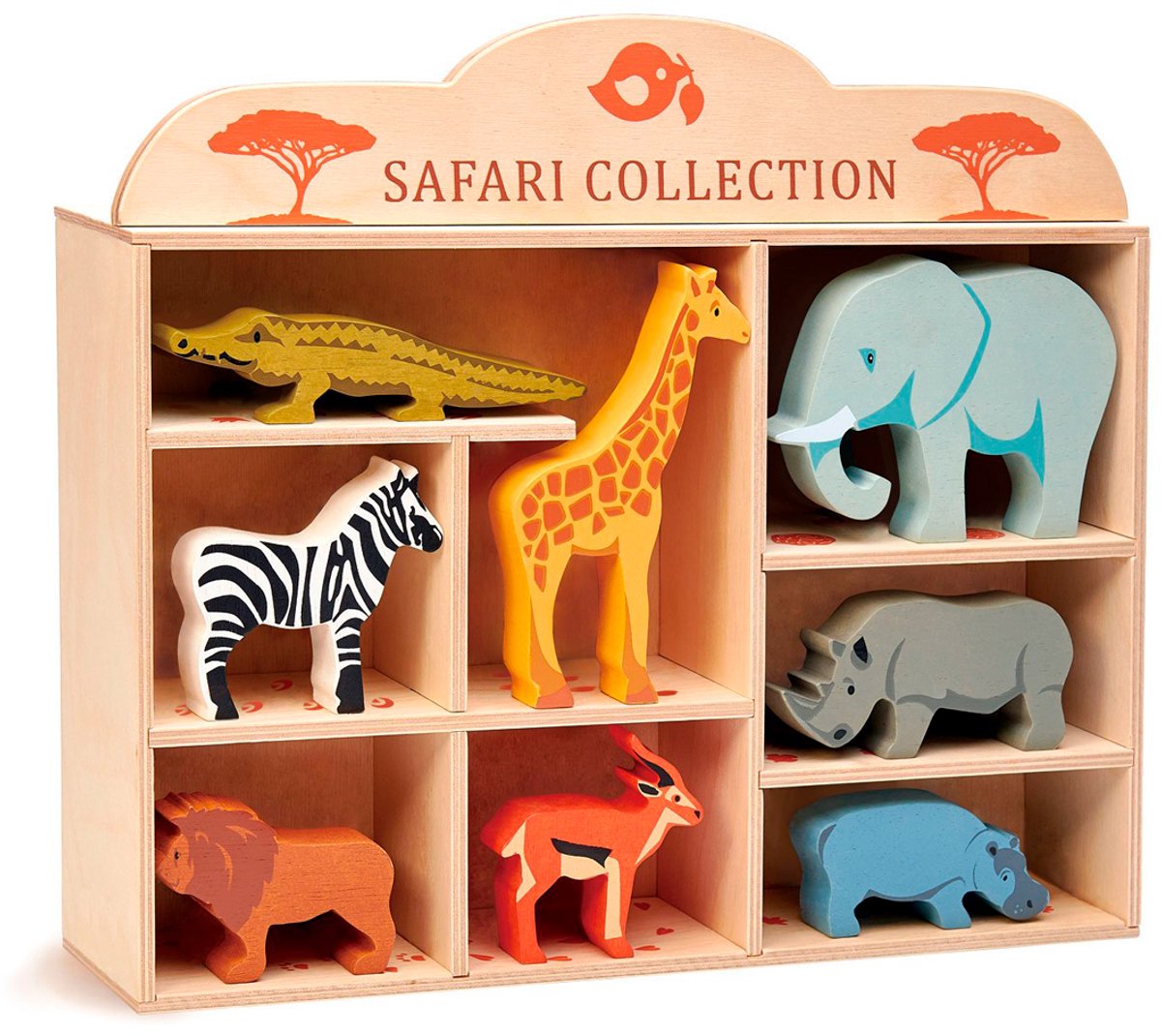 Tender Leaf Toys Tender leaf houten dieren - set safaridieren - 8 verschillende figuren - met display plank - 3 jaar