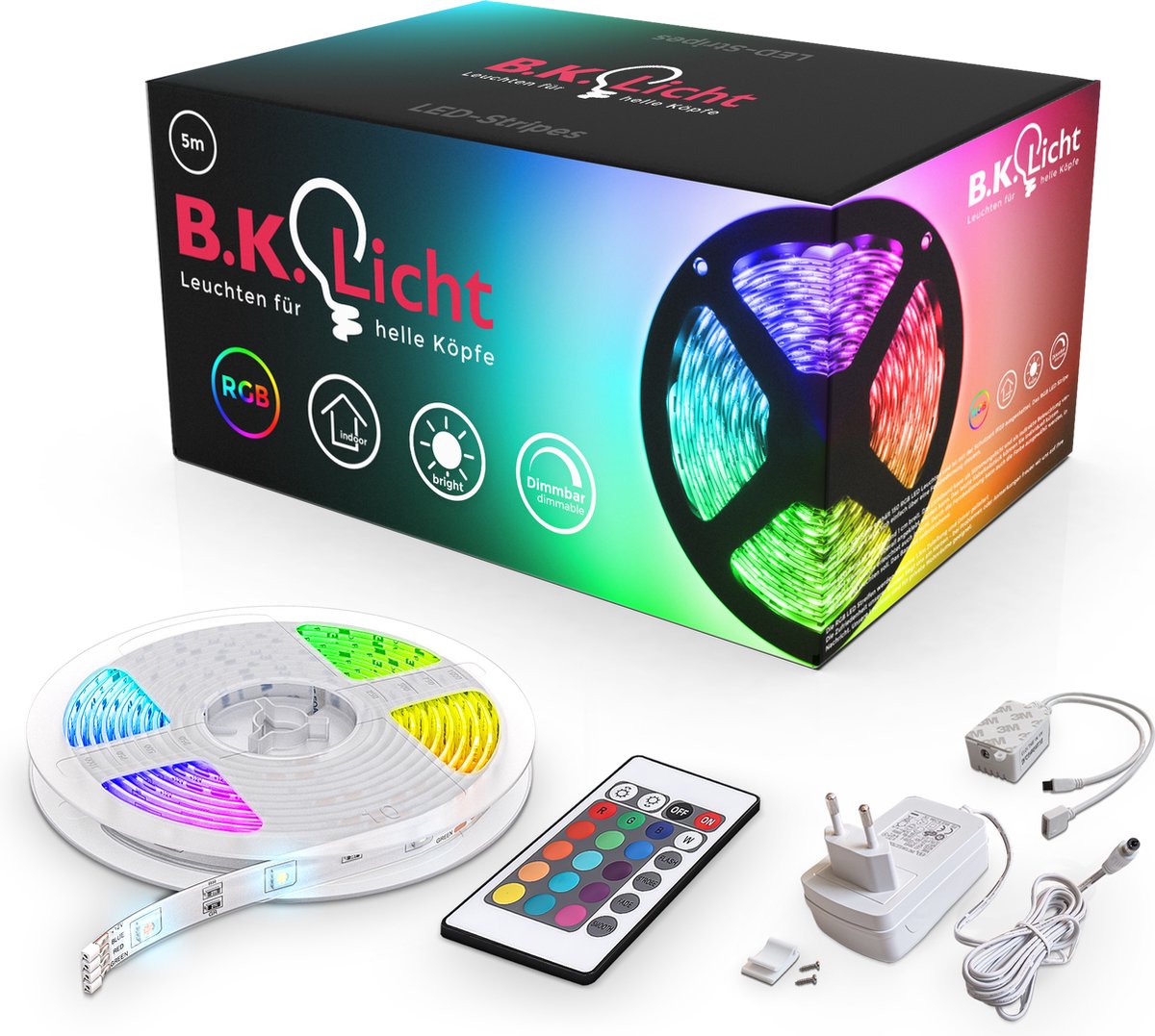 B.K.Licht - led strip - 5 meter led lights - rgb verlichting - dimbaar - met afstandsbediening - gekleurd licht - zelfklevend
