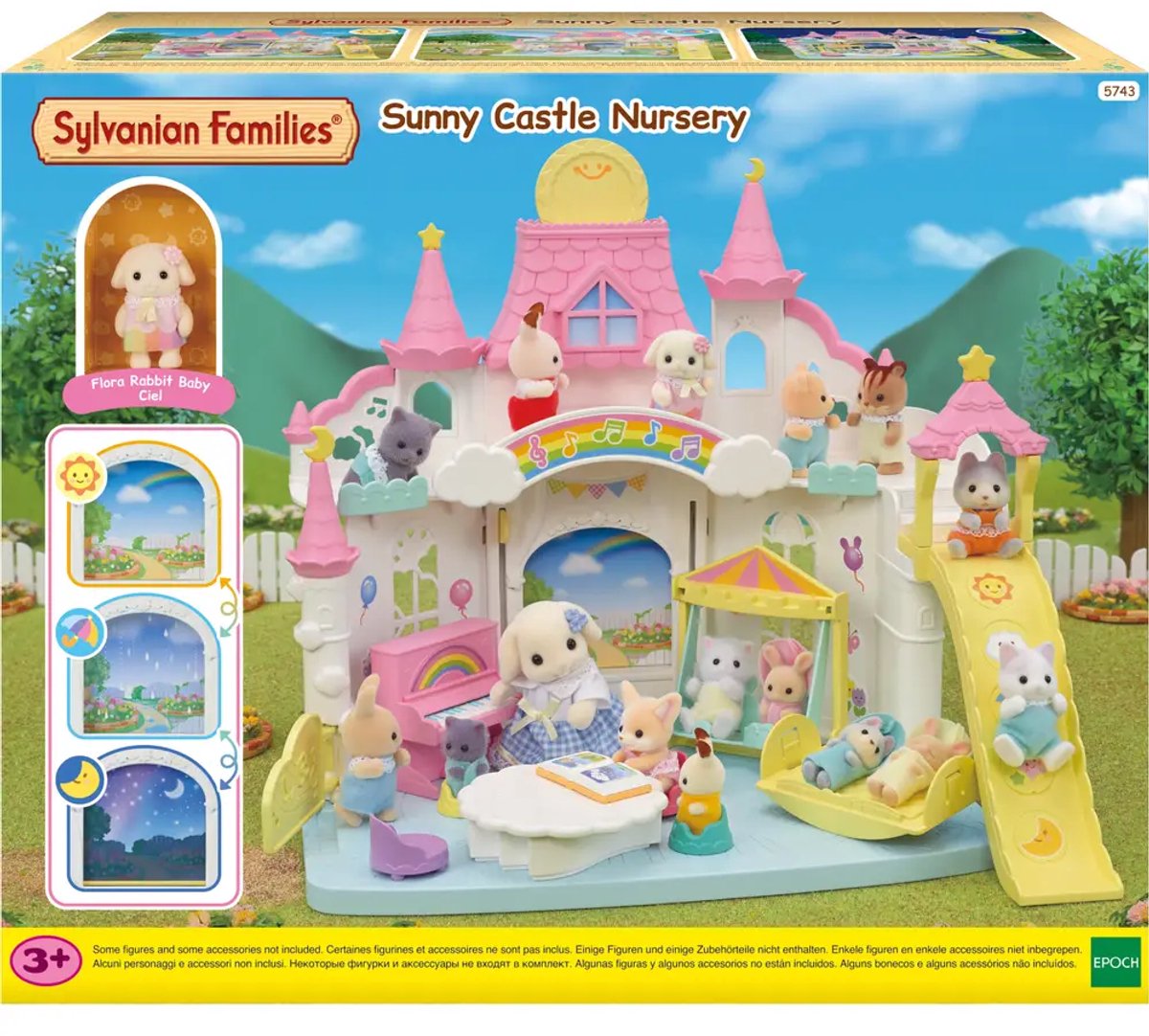 Sylvanian Families 5743 zonnig kinderopvang kasteel- inclusief 1 fluweelzachte bloemen hangoor konijn baby