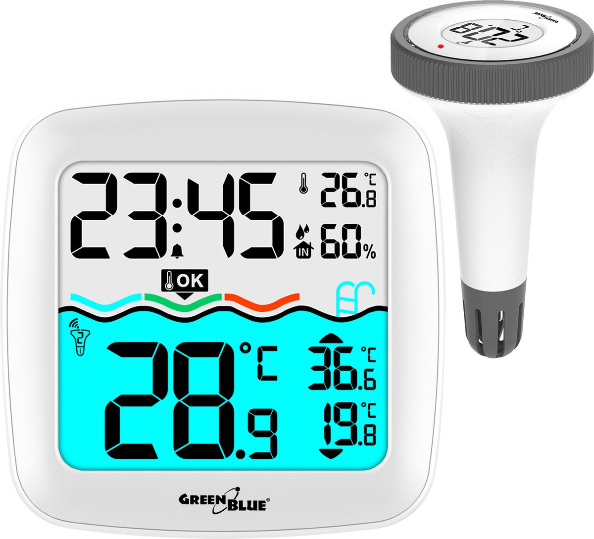 GreenBlue - weerstation - temperatuurstation met zwembadthermometer | radio en klokfunctie - wit