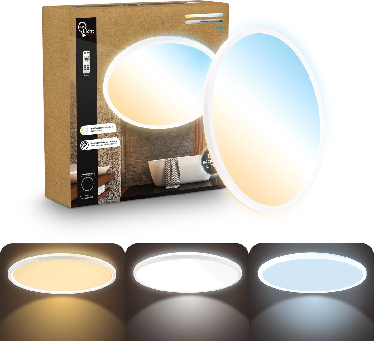B.K.Licht shallow - dimbaar badkamerlamp plafonniere - plafondlamp met afstandsbediening - badkamerverlichting met cct - ip44 - ø42 - wit