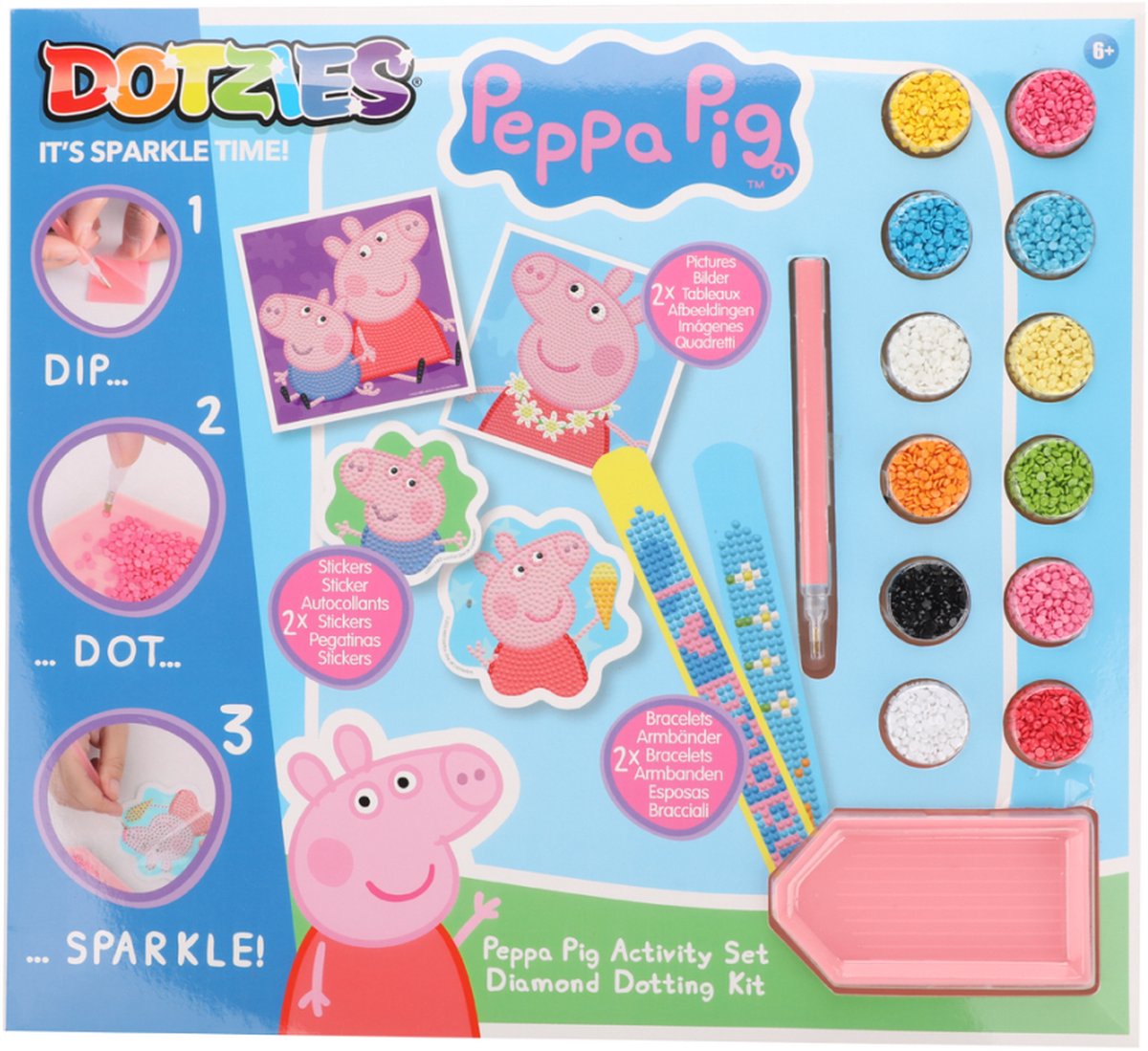 DIAMOND DOTZ® Diamond dotz - peppa pig dotzies® - diamond painting - 6 motieven: 2 afbeeldingen 15 x 15 cm, 2 armbanden, 2 stickers stickers