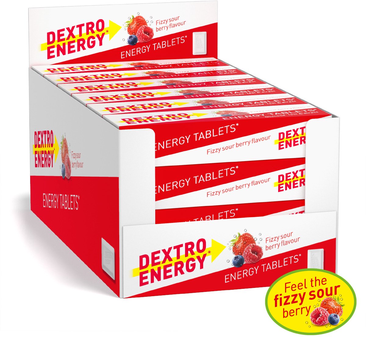Dextro Energy fizzy sour berry - 24 x 14 stuks - druivensuiker tabletten - dextrose - snelle suikers - extra zuur + fizzy effect