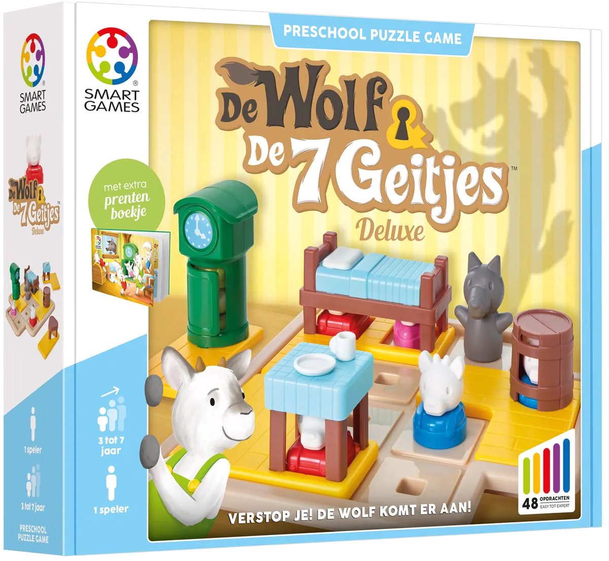 SmartGames de wolf en de 7 geitjes - logisch denkspel voor kleuters jonge kinderen - 48 opdrachten met prentenboek - educatief solospel - vanaf 3 jaar