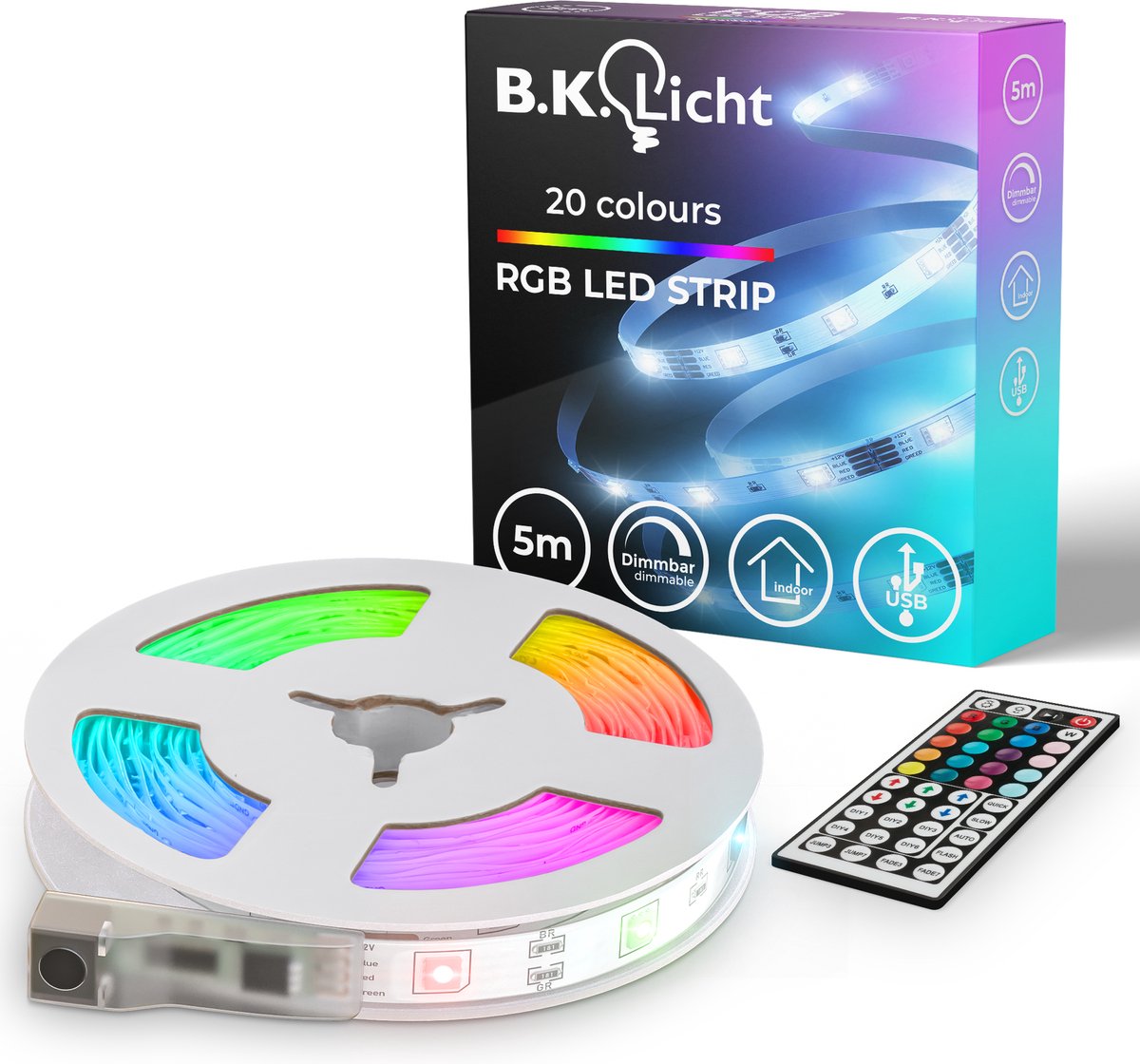 B.K.Licht - led strip - 5 meter - met usb - met rgb - dimbaar - gekleurd licht - met afstandsbediening