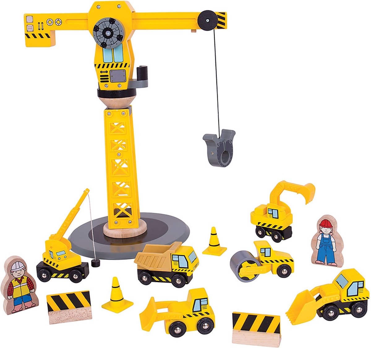 BIGJIGS houten hijskraan bouwvoertuigen - 13-delig