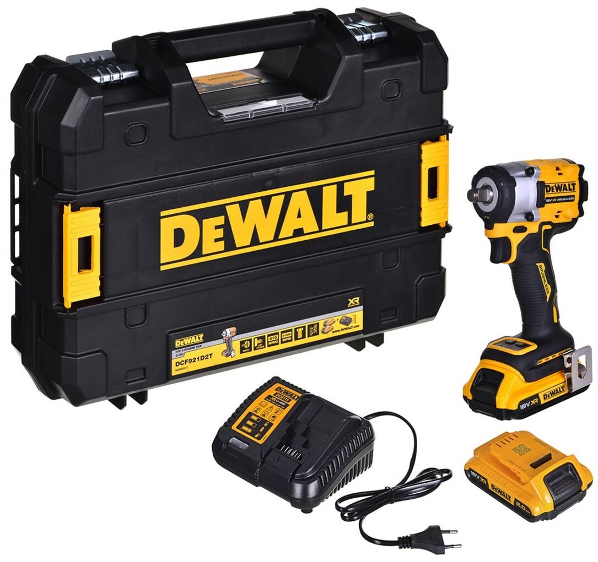 DeWalt gereedschap - 18v accu slagmoersleutel, 2x accu 2.0 ah xr, oplader dcf921d2t