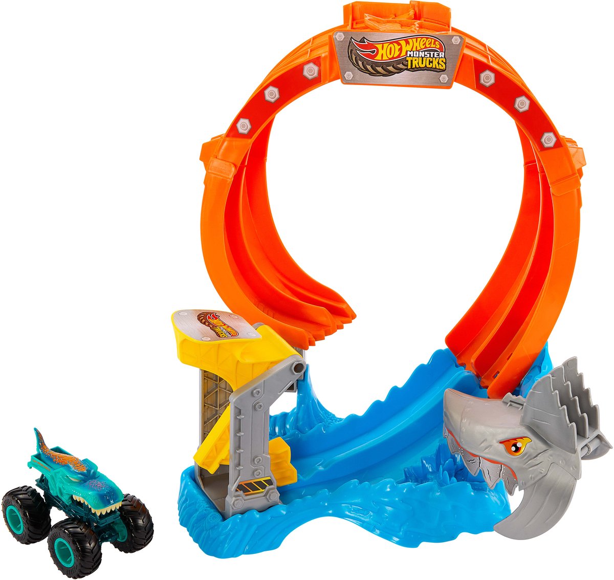Hot Wheels monster trucks spiral shark smash, monstertruck circuitset, 4 jaar, kunststof, meerkleurig