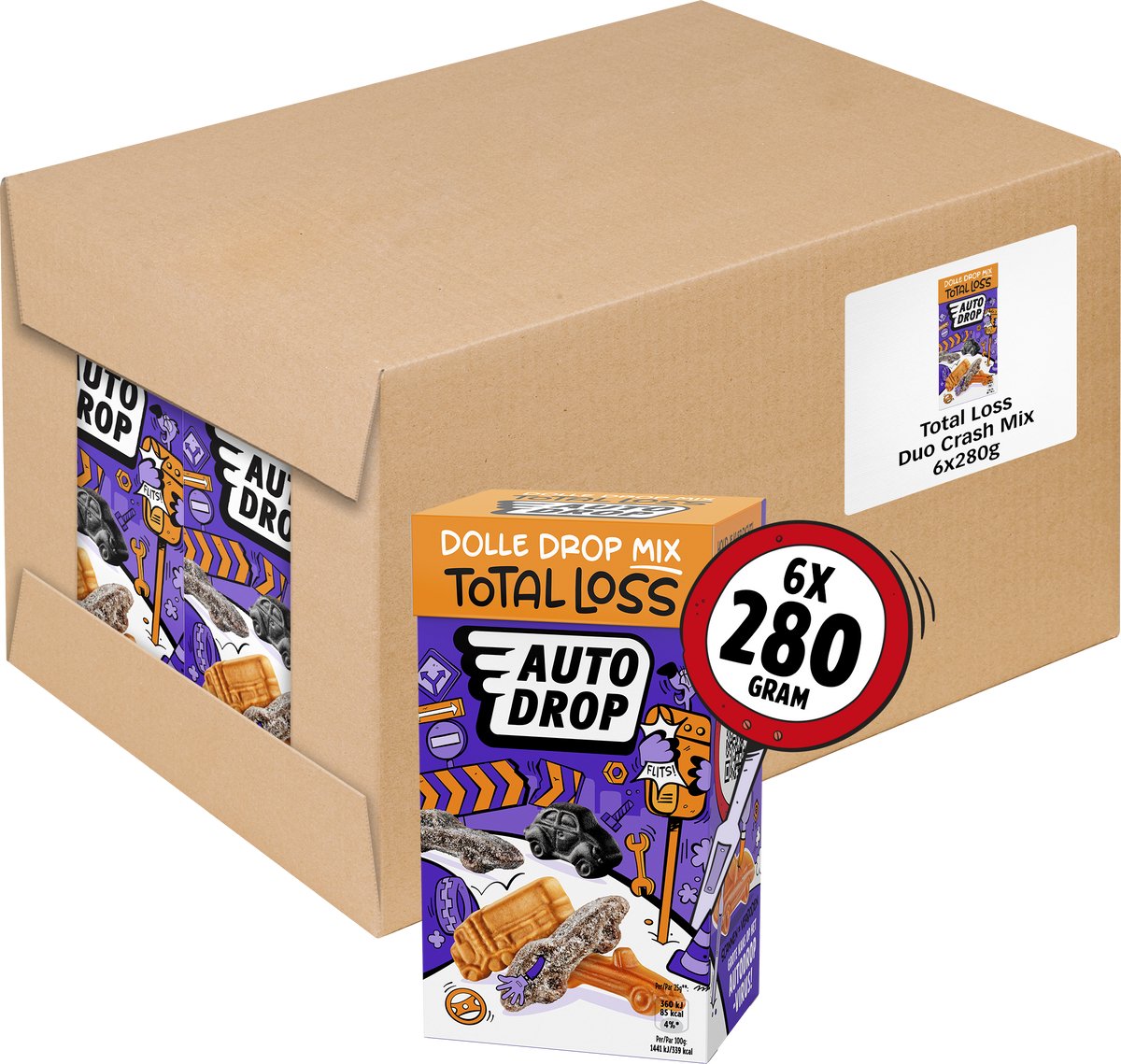 Autodrop - snoep - total loss dolle drop mix - 6 doosjes - 280 gram