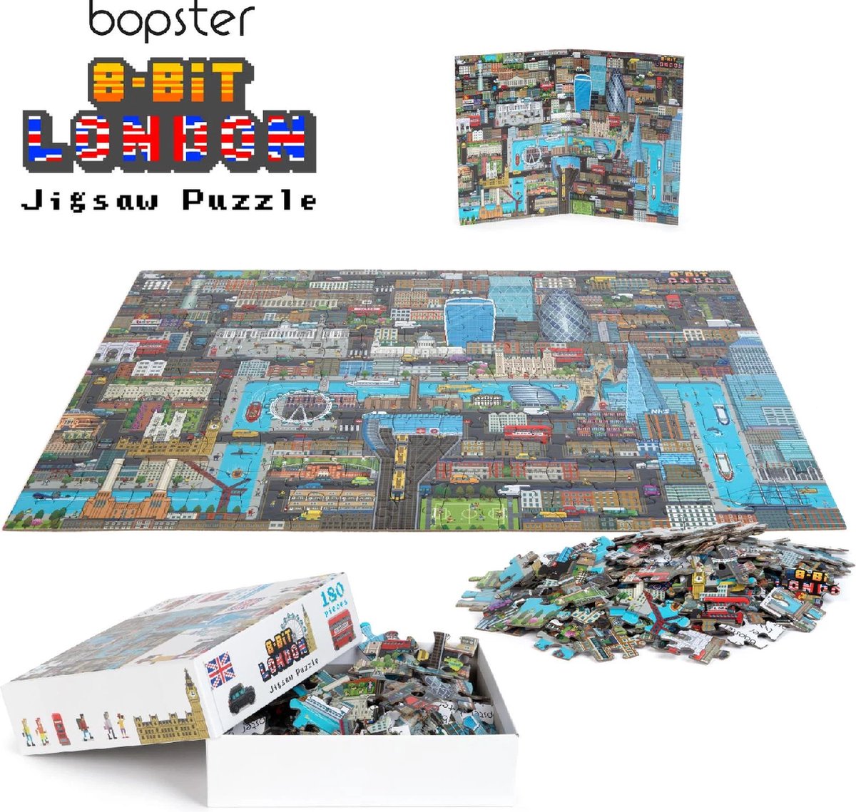 Boppi Londen puzzel - 180 stukjes - 57x42cm - geweldig 8-bit design - ontdek alle bekende gebouwen