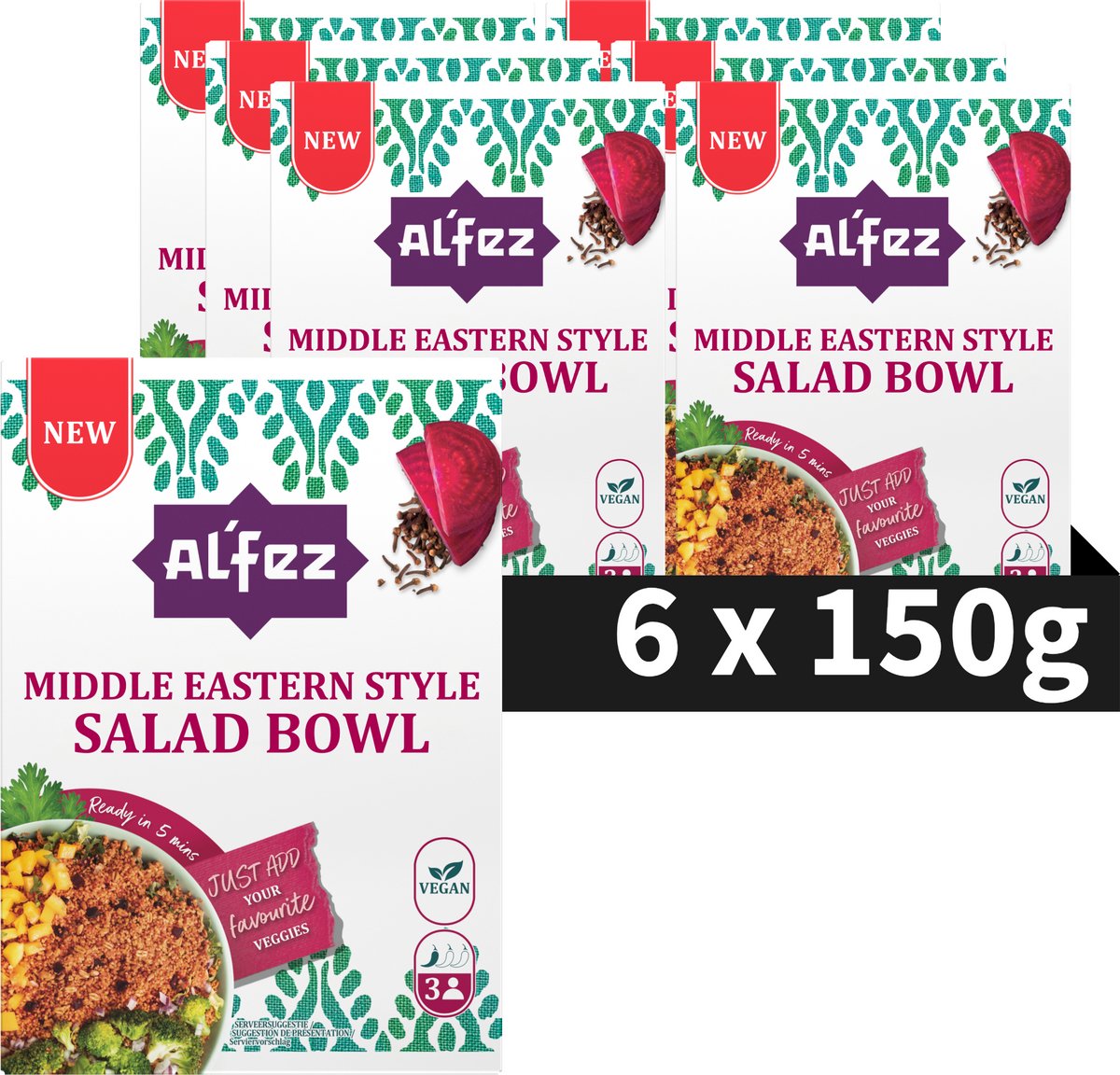 Al'Fez Al’fez middle eastern salad bowl - 6 x 150 gram - vegan couscous spelt salade - midden-oosterse kruiden - voordeelverpakking